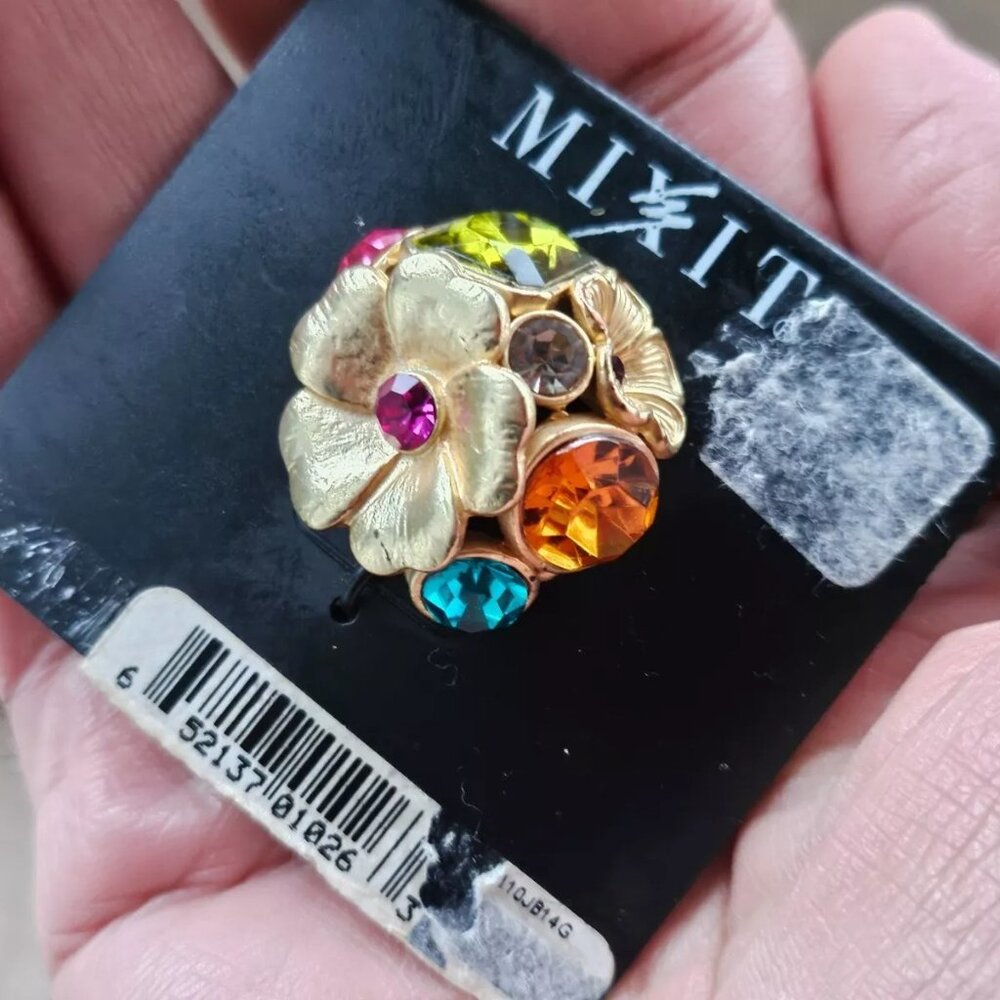 Mixit Women Fashion Ring Multi Color Crystals Gold Tine Stretchable Ring NWT